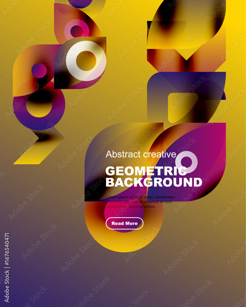 Poster vibrant abstract composition. geometric shapes overlap, creating dynamic visual effect. yellow, purp