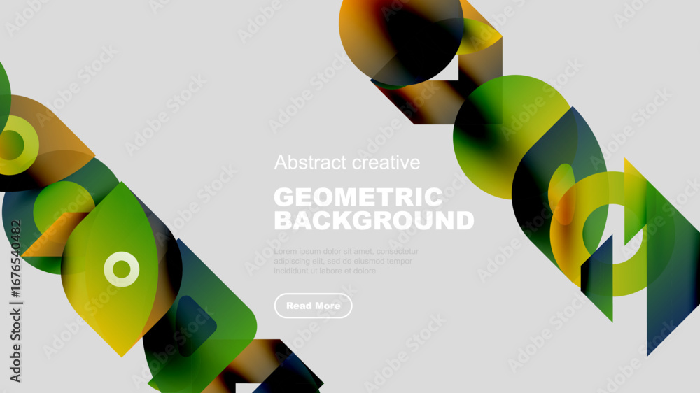 Poster abstract geometric shapes overlap, creating vibrant colorful design. background is gray, text presen