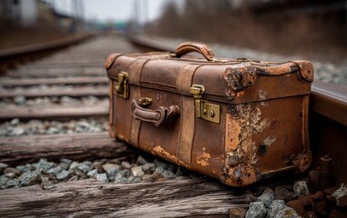 Aged suitcase rests on railway tracks