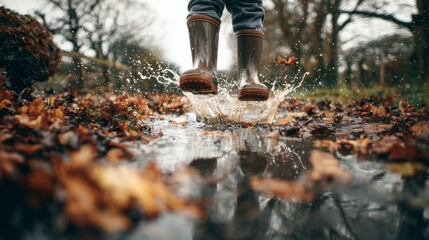 Child splashing in puddle while wearing rubber boots during autumn  
