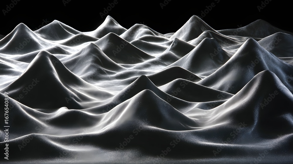 Poster abstract grayscale landscape with textured undulating mountains.