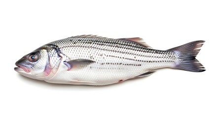 Obraz premium A close-up, side profile of a fresh, whole striped bass fish on a white surface.