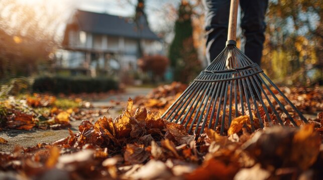 Man raking autumn leaves in backyard with house in background  