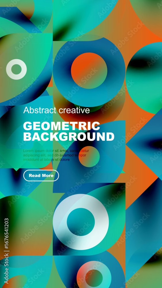 Aufkleber modern design features vibrant overlapping shapes, text, button. bold colors create dynamic visual i