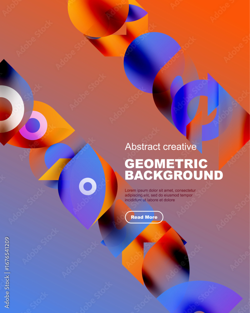 Poster vibrant geometric shapes overlap, creating dynamic abstract background. text promotes creative conte