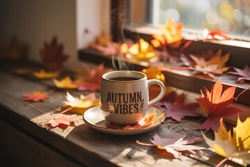 Cozy autumn morning with steaming coffee mug surrounded by vibrant fallen leaves near window