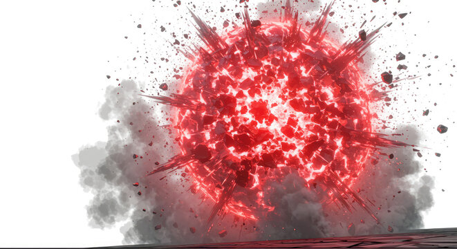 Fiery Red Sphere Exploding with Smoke and Debris on Plain Background