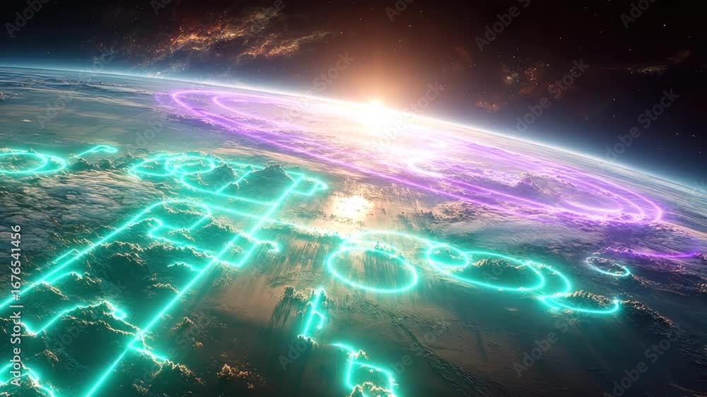 Poster a vibrant view of earth with energy lines and glow effect, evokes a sense of futuristic wonder and a