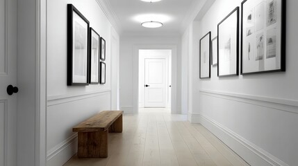 Fototapeta premium Modern White Hallway with Framed Art, Wooden Bench, and Soft Lighting Creating an Inviting Atmosphere in a Contemporary Interior Design