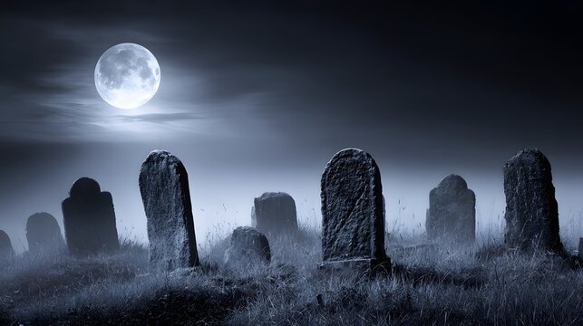 A moonlit graveyard scene, shrouded in a misty ambiance, showcases ancient tombstones against a backdrop of a full moon.