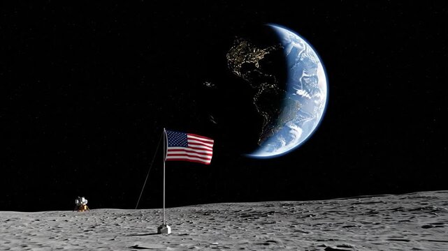 American flag and a lunar landing module on the moon representing a successful space exploration mission