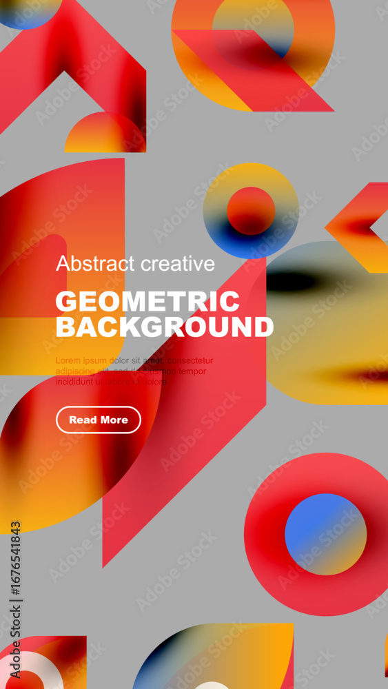 Poster abstract geometric background features vibrant shapes, gradients, text, button. modern design elemen