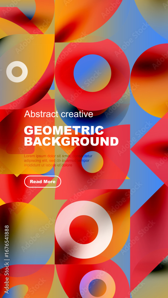 Poster vibrant geometric shapes overlap, creating dynamic colorful background. text promotes creative desig