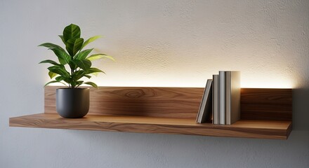 Illuminated wooden shelf with potted plant and books against tex