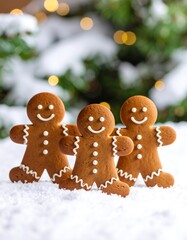 Three gingerbread men on snow