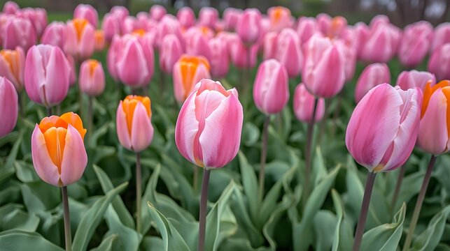 A field of pink and orange tulips with symmetrical planting rows and a soft breeze moving them 
