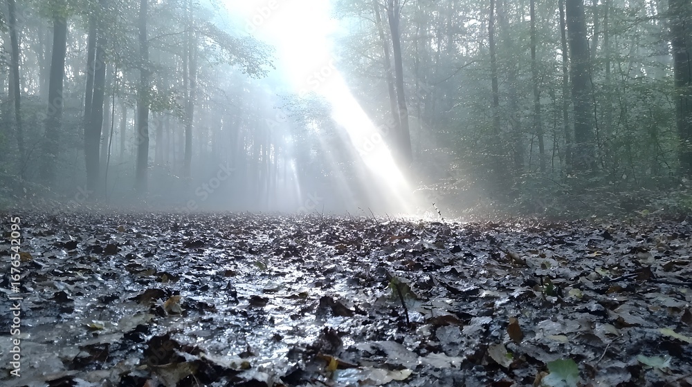 Poster sunlight streams through a misty forest, illuminating a path of wet, leaf-covered ground.