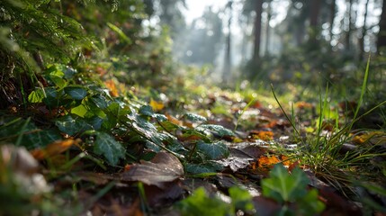 Fototapeta premium Close-up view of vibrant greenery and fallen leaves on a forest floor bathed in sunlight.