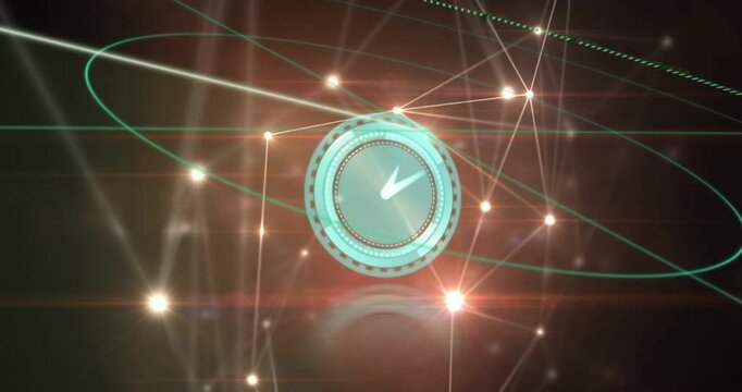 Animation of network of connections over clock moving fast - Powered by Adobe