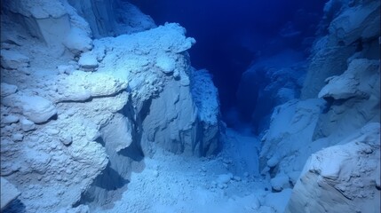 Naklejka premium Underwater Cavern with Rock Formations and Sandy Floor