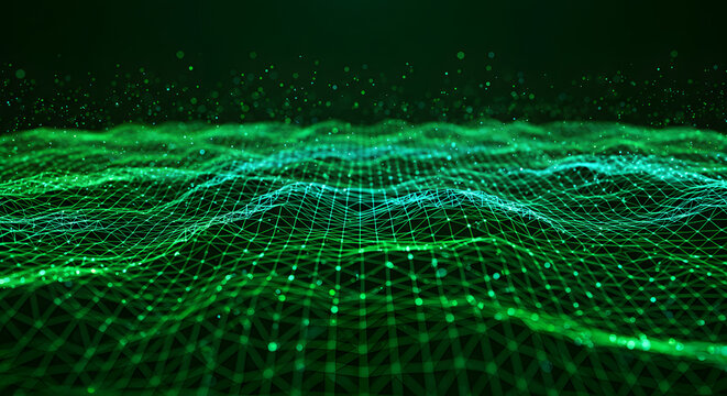 Abstract digital landscape A vibrant green and blue mesh representing data flow and connection