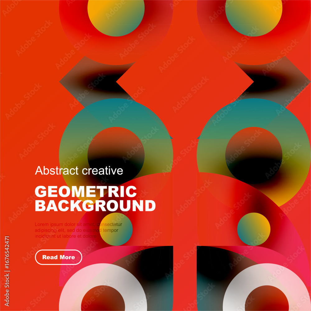 Poster vibrant geometric shapes overlap, creating dynamic colorful background. text promotes creative desig