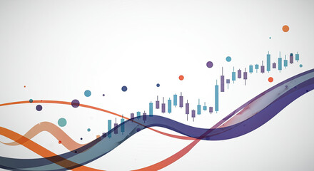 Abstract Colorful Financial Chart with Candlesticks and Waves on White Background