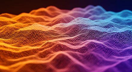 Abstract technological background featuring a dynamic wave of glowing particles, forming a digital terrain with a vibrant orange and purple color gradient