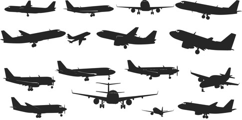 Airplane silhouettes, aircraft collection, passenger jet, aviation, flight, travel, airport, airline, transportation, vector set, air travel, commercial planes