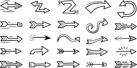Sketchy Arrows and Direction Symbols Set – Hand Drawn Doodle Style Elements on Light Background, Perfect for Creative Concepts, Navigation Graphics, and Visual Communication Designs
