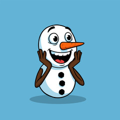 Excited snowman with wide eyes and open mouth, arms raised in joyful surprise.