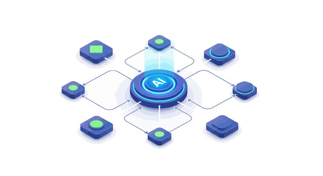 Advanced AI core integrating and processing data across a complex digital network, representing smart technology and future innovation