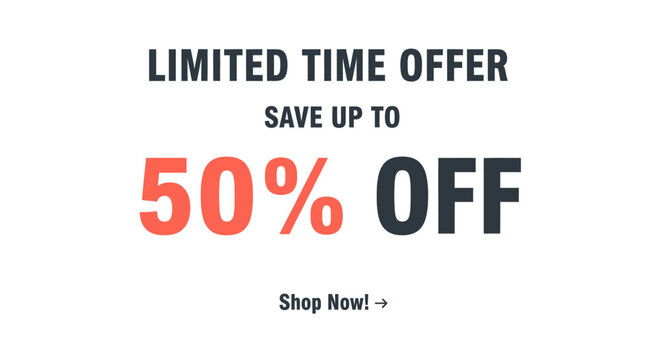 Promotional vector banner design announcing a special limited time fifty percent discount for retail sales and online shopping