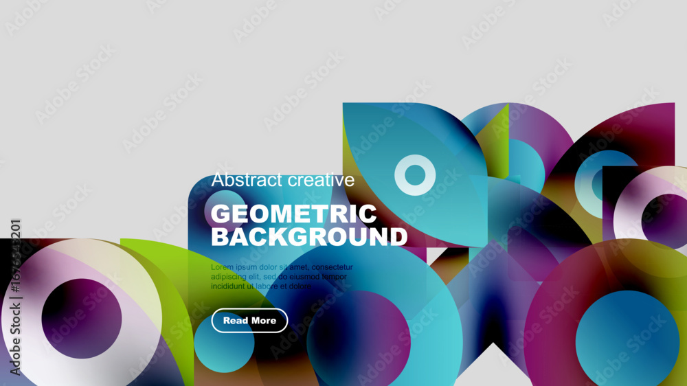 Poster abstract geometric background features vibrant overlapping shapes, text, button. modern design, colo
