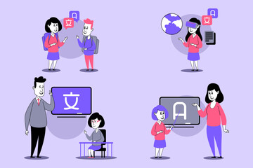 Illustrations of various language learning activities, including conversation practice and digital engagement with global content. Characters showing enthusiasm in educational interactions