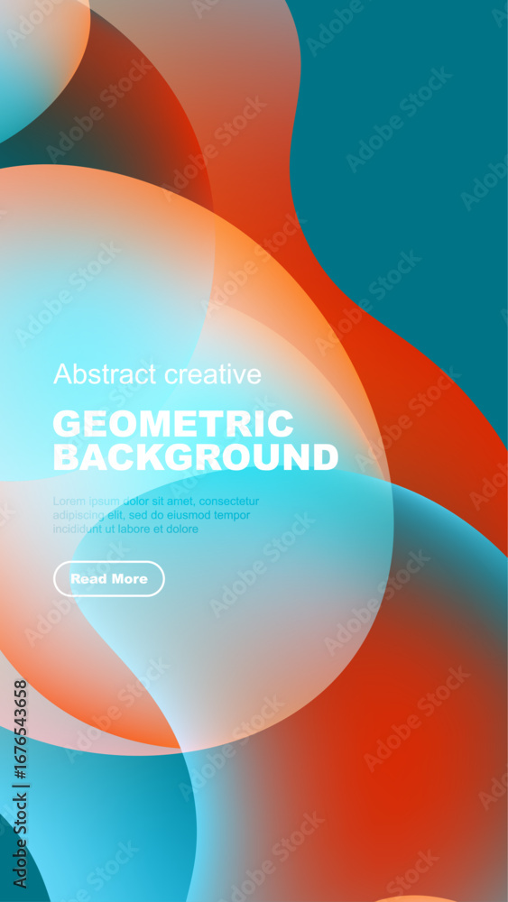 Poster abstract shapes overlap, creating vibrant color gradients. text promotes geometric design, inviting 