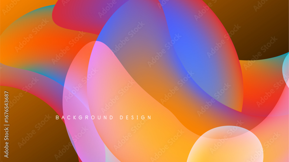 Poster abstract fluid shapes overlap, creating vibrant color gradients. background is dark, emphasizing bri