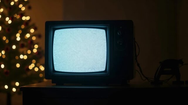 Vintage Television With Static Signal Under Bright Christmas Tree