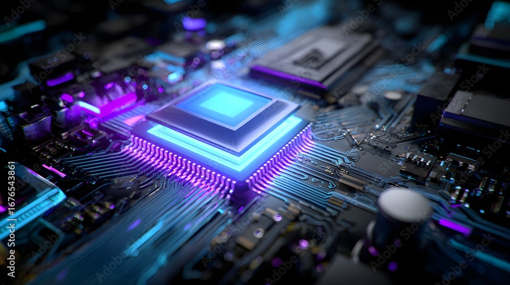 Aufkleber a detailed close-up view of a complex circuit board, showcasing a central processing unit with vibra