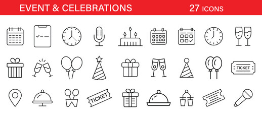 Event Icons Set – Celebration Symbols Vector with Party Elements in Line Style