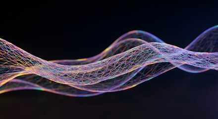 Abstract visualization of a vibrant, iridescent energy wave flowing through digital space, representing data and connectivity