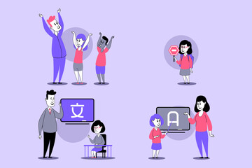 Engaging collection of diverse educational activities for children featuring vibrant illustrations. Kids learning different concepts through play and interaction