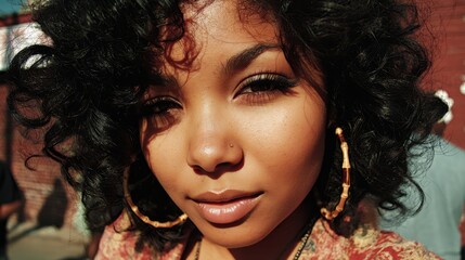 Fototapeta premium Confident young dark-skinned woman, engaging and natural, posing with curly hair and hoop earrings against a blurred urban background