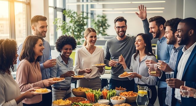 Diverse Smiling People Eating Snacks at Office Party Celebration - Powered by Adobe