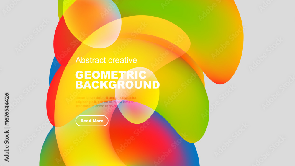 Poster vibrant overlapping shapes create dynamic abstract background. colors blend, forming fluid geometric