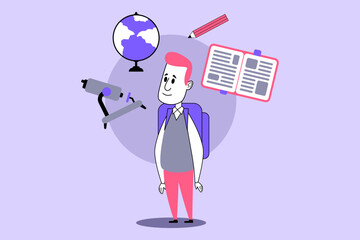 Student with backpack standing smiling, surrounded by symbols of learning including globe, microscope, and school supplies. Education and knowledge development concept