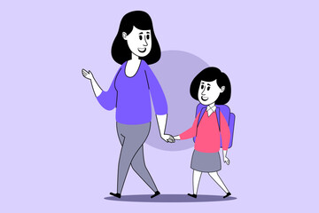 Woman and young girl walking hand in hand, smiling while heading to school. Happy and engaged in conversation, they enjoying their morning together