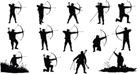 Archery silhouette, archer with bow, shooting arrows, hunting sport, target practice, traditional archery, bowman, outdoor activity, accuracy, precision