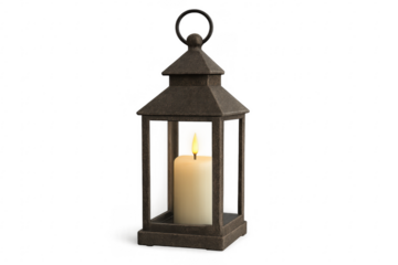 Vintage lantern illuminating with a burning candle on a transparent background