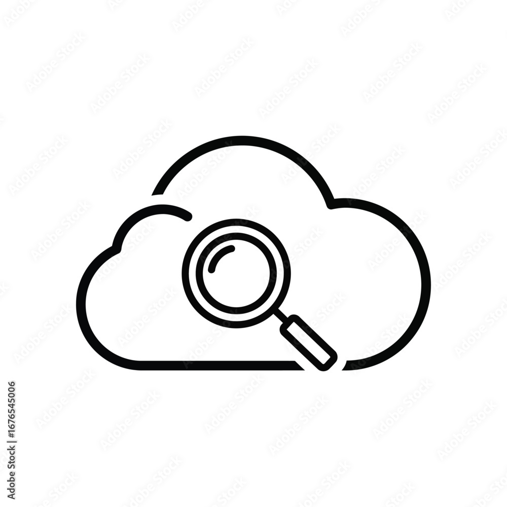 Aufkleber cloud search icon: a symbolic depiction of a cloud seamlessly integrated with a magnifying glass, em